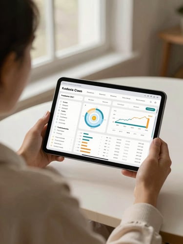 Over-the-shoulder shot of a digital marketer analyzing a complex fundraising dashboard on a tablet, warm natural window light, muted cream tones