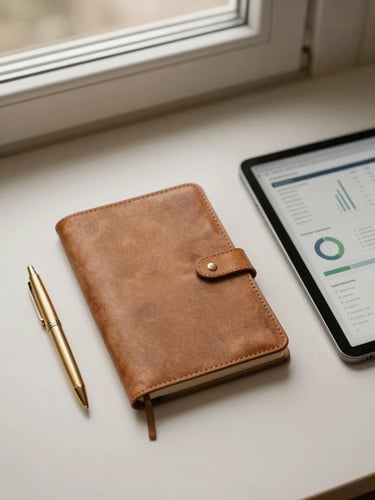 A top-down minimalist flat-lay of a structured workspace, a leather notebook, a brass pen, and a tablet showing clean analytics dashboards, warm natural window light, cream and soft brown tones.