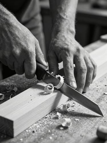 Extreme close-up of skilled hands pressing a sharp plane blade across raw timber on a workbench, fine wood shavings curling mid-air, north-facing studio light casting hard shadows, black-and-white high-contrast