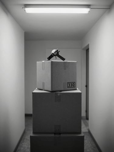 Overhead view of moving boxes precisely stacked in an empty apartment hallway, tape gun resting on top, harsh overhead fluorescent light, black and white documentary style