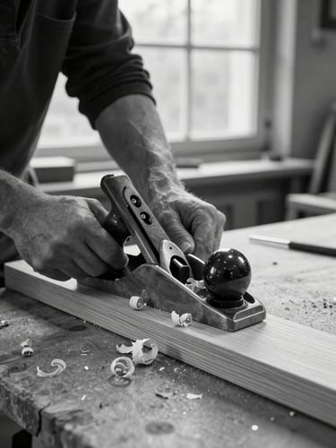 Close-up of a carpenter's hands guiding a hand plane along a raw oak board edge, fine wood shavings curling, north-facing daylight from a workshop window, black and white high contrast