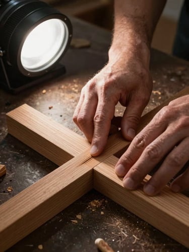 Close-up overhead view of a carpenter's hands pressing a wood joint flat on a dark workbench, wood grain sharp in focus, studio strobe light from above left, no warmth, pure contrast