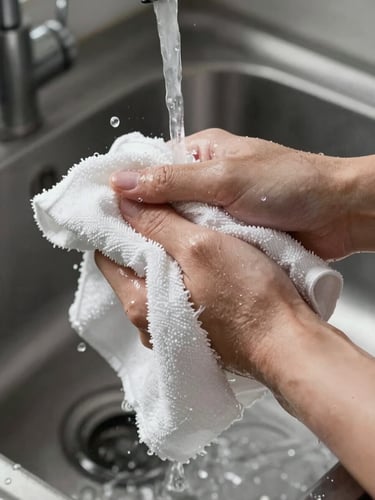 Extreme close-up overhead shot of gloved hands wringing a clean white cloth over a steel sink, water droplets mid-air, harsh studio strobe lighting, black and white tones