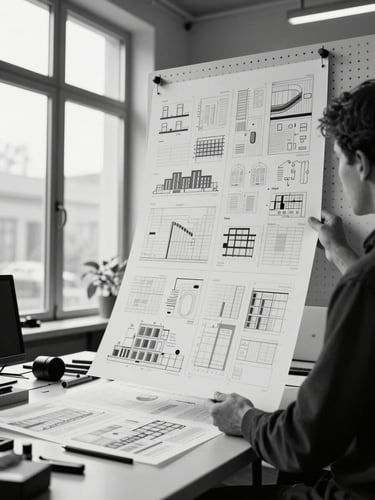 Wide environmental shot of a designer's workspace, hands holding a large printed card layout against a white pinboard wall, north-facing daylight through tall windows, high contrast black and white mood, tools and printed sheets visible on the desk below