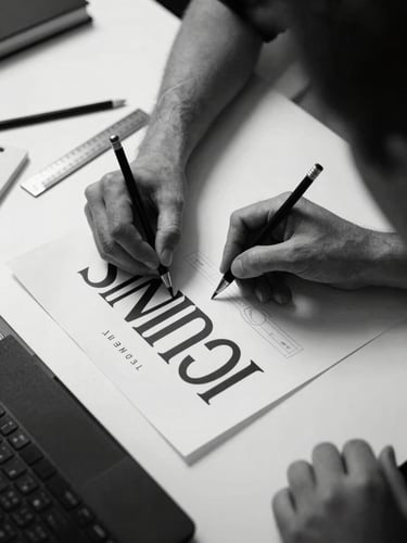 Top-down close-up of a designer's hands arranging typographic layout sheets on a white desk, pencil and ruler visible, north-facing studio daylight, black and white sharp contrast