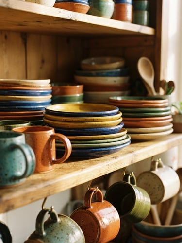 A cozy kitchen cupboard with stacked, colorful ceramic plates and heavy-bottomed mugs catching warm morning sunlight, 35mm lens.
