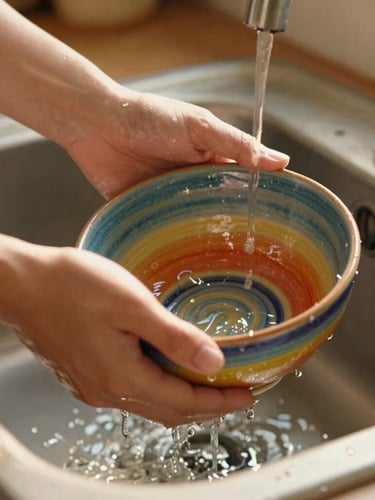 Tactile close-up of hands washing a colorful ceramic bowl in a rustic kitchen sink, warm direct morning sunlight, water droplets on the glazed surface.