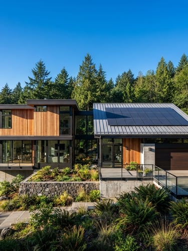 Bright architectural shot of a modern Pacific Northwest home with integrated solar panels on the roof, crisp morning sunlight, clean blue skies, sharp details, high-contrast modern realism, 35mm lens. Panels on the right side of the frame.