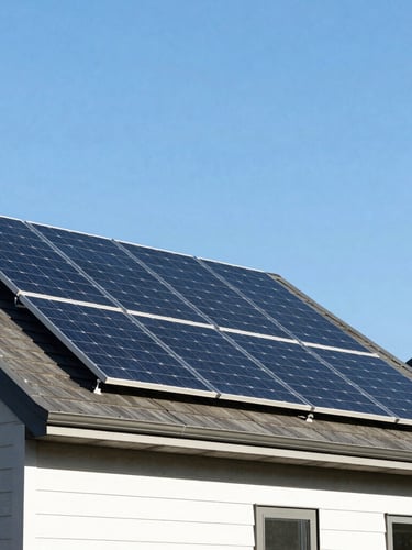 Architectural shot of solar panels on a modern Pacific Northwest home, low-angle, crisp morning light, clean blue sky, sharp details, bleeding to the right edge.