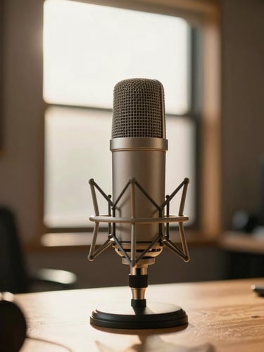 Modern radio broadcast microphone in a warm studio, soft golden hour Dominican sunlight streaming through a window, shallow depth of field, serene atmosphere.