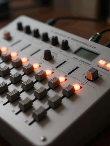 Primer plano de una consola de mezclas digital en funcionamiento, luces LED de colores reflejadas en los potenciómetros, ambiente cálido.