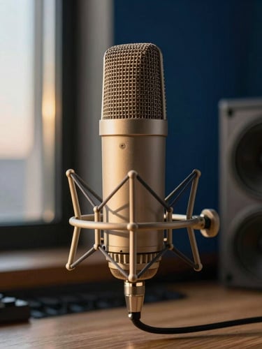 Primer plano de un micrófono de condensador en un estudio de radio moderno, bañado por una luz dorada y cálida de atardecer que entra por una ventana lateral, con sutiles destellos sobre la rejilla metálica, fondo desenfocado en tonos azul marino y madera natural.