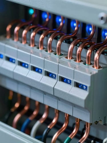 Macro shot of a high-tech industrial electrical panel with perfectly aligned copper busbars and neat wiring, dramatic blue LED lighting reflecting on metallic components.