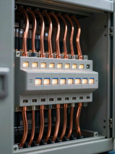 Extreme close-up of perfectly organized electrical panel with copper busbars, dramatic high-contrast industrial lighting, glowing LEDs against dark factory background.