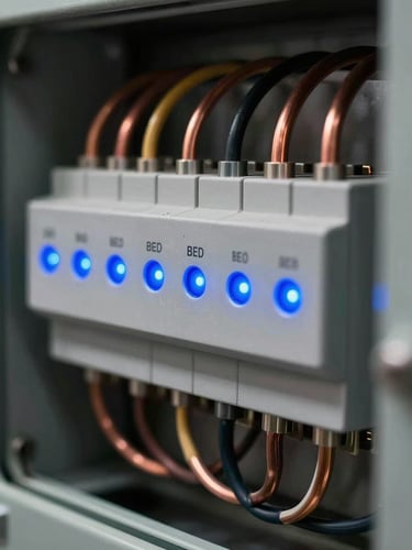 Extreme close-up of an industrial electrical panel with perfectly aligned wires and copper busbars, sharp focus, dramatic electric blue LED indicator glow, dark technical background.