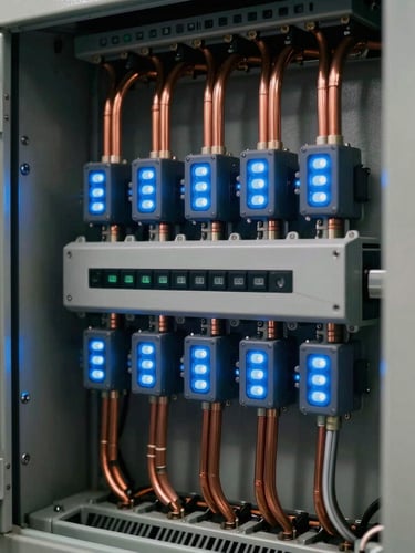 Macro shot of an impeccably organized industrial electrical panel, copper busbars running vertically, electric blue status LEDs glowing in a dark, high-tech control room.