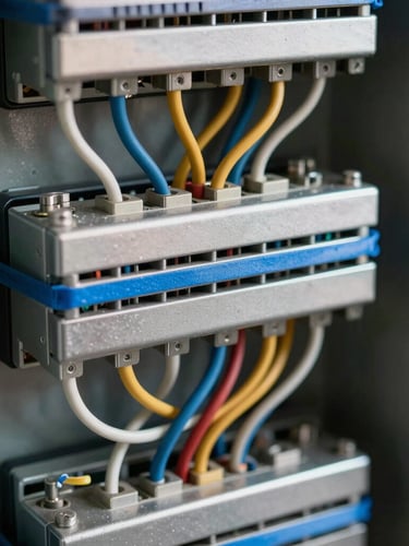 Close-up high-contrast shot of structured electrical wiring inside a control cabinet, organized cables secured with electric blue ties, metallic surfaces reflecting light.