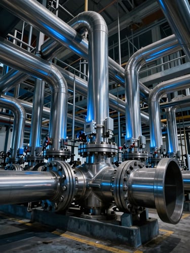 Dramatic high-contrast industrial photography of complex hydraulic steel piping systems inside a modern factory, electric blue LED lighting reflecting off polished metal surfaces, deep graphite shadows, wide cinematic angle.
