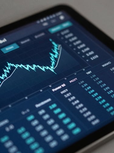 Close-up macro shot of a tablet displaying complex financial analytics and Power BI dashboards, cool-toned studio lighting, sharp cyan data-line accents, 35mm lens