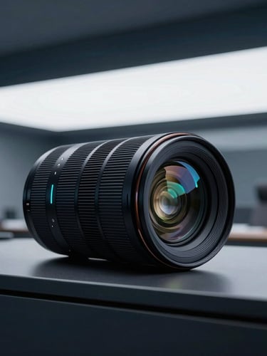 Sleek macro photography of a modern executive office overlooking a high-end automotive showroom, cool studio lighting with sharp cyan reflections, 35mm lens