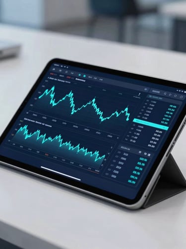 Close-up of a tablet displaying complex financial charts and cyan data nodes in a modern automotive showroom, cool studio lighting, 35mm lens