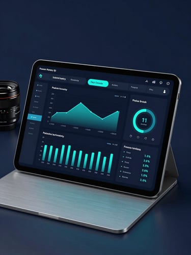 Sleek dark-mode Power BI dashboard displayed on a brushed silver tablet, glowing cyan charts showing vehicle inventory velocity, cool studio lighting, 35mm lens