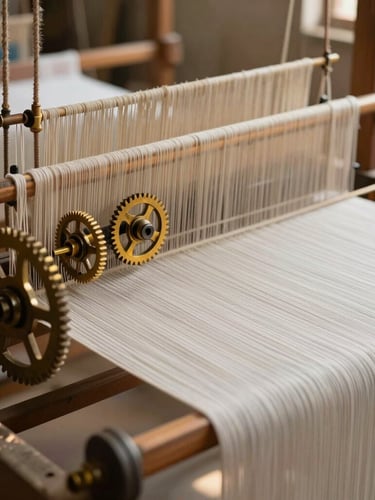 Warm natural light illuminating a textile loom in a Coimbatore workshop, focusing on the brass gears and moving threads, close-up shot.
