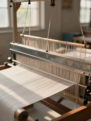 Close-up of a modern textile loom weaving cotton threads in a Coimbatore workshop, warm natural sunlight filtering through industrial windows, shallow depth of field, sharp focus on the metallic machinery parts.