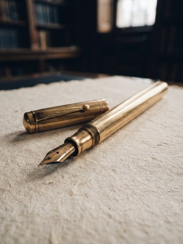 Macro close-up of a vintage gold fountain pen resting on heavy textured cream paper, soft indirect library light, deep navy shadows, sober editorial photography, 35mm