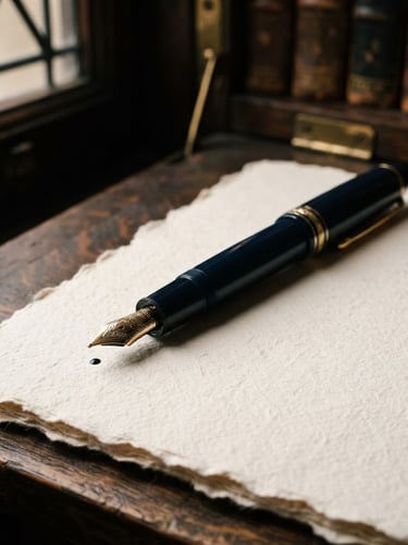 Macro close-up of a classic fountain pen resting on textured heavy paper in a quiet library corner, soft indirect natural light with deep shadows, rich textures, 35mm editorial style.