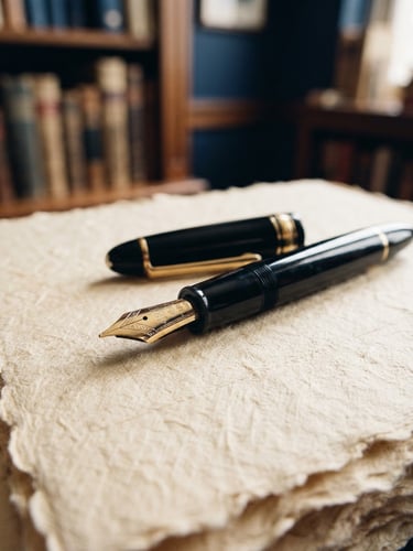 Macro close-up of a classic fountain pen resting on heavy textured paper, soft indirect library light, warm champagne and deep navy tones, sober editorial photography, 35mm