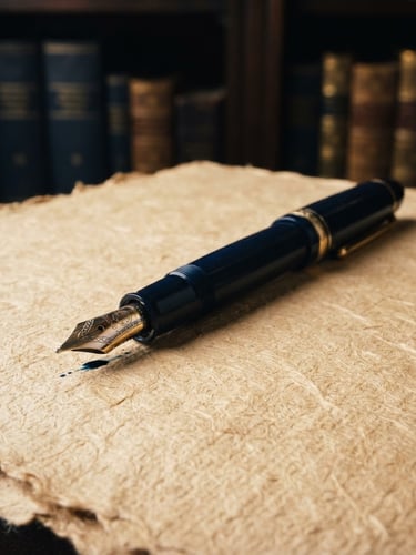 Macro close-up of a classic fountain pen resting on heavy champagne-textured paper, soft indirect library light, deep navy shadows, 35mm editorial photography
