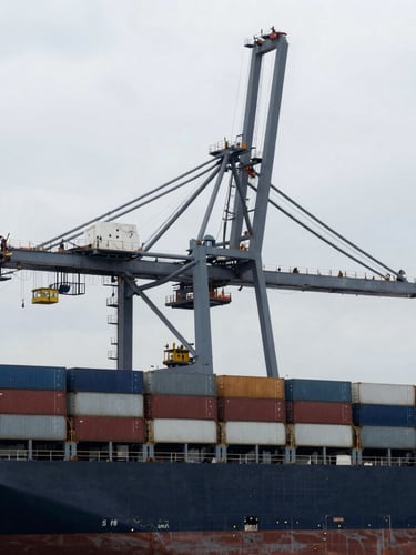 Wide-angle industrial port crane towering over a massive container ship, overcast daylight, deep steel gray tones, sharp wide-angle lens