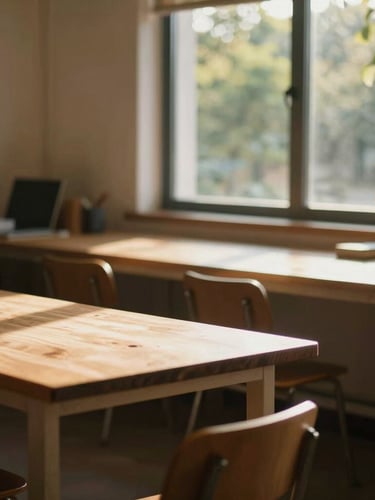 A sunlit, warm-toned creative workspace with wooden tables, soft shadows, and a large window showing green foliage outside, natural morning light.