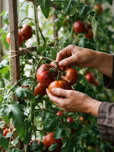 Close-up of hands gently harvesting vibrant heirloom tomatoes from a vine, soft natural window light, shallow depth of field. Cozy editorial photography.