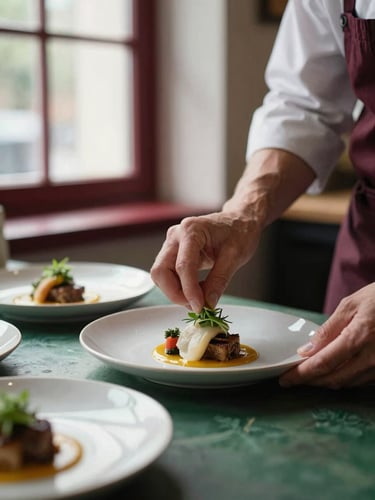 A chef's hands meticulously plating a dish in a cozy, Scandinavian-style restaurant kitchen, soft natural window light, shallow depth of field, subtle deep crimson and forest green accents, 35mm.