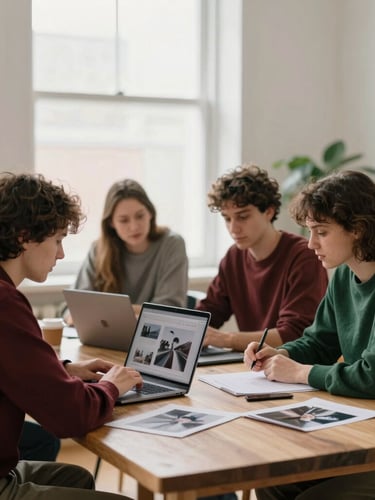 Team members gathered around a large wooden table in a bright, cozy studio, planning content and reviewing photos on a laptop, soft natural window light, shallow depth of field, Scandinavian style.