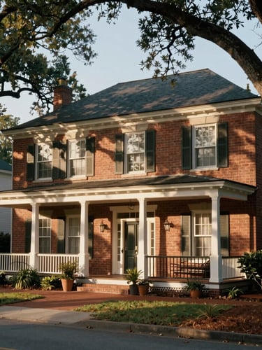 A classic brick residential porch in North Carolina, framed by mature oak trees, soft morning sunlight casting long shadows, architectural focus.