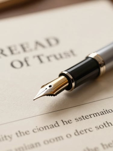A luxury gold and silver fountain pen resting on a legal Deed of Trust document for estate planning.