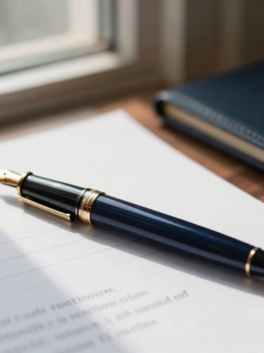 A close-up of a high-end fountain pen resting on a crisp legal document, warm natural light spilling from a window, soft gold and deep navy office accents, shallow depth of field, 35mm.