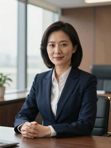Editorial portrait of a sophisticated legal consultant in a modern high-end office, natural window light, deep navy accents, shallow depth of field, 35mm