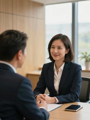 Professional legal consultant in focused warm interaction, sophisticated modern office interior, soft window light, 35mm