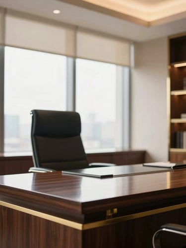 Warm editorial corporate photography of a modern high-end law office interior, soft window light reflecting on a polished dark wood desk, gold accents, shallow depth of field, 35mm