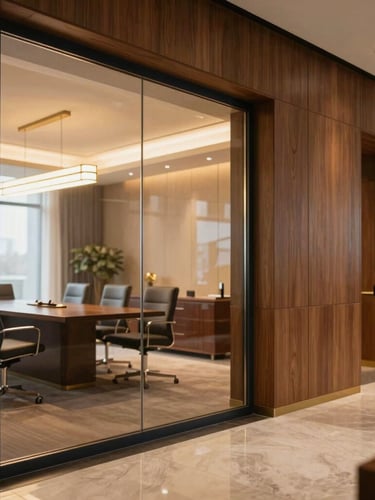 Refined modern law office interior with warm wooden panels, a glass wall showing a soft-focused meeting room, warm golden lighting, elegant and sophisticated atmosphere, 35mm.