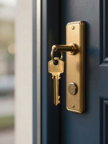 Close-up macro detail of a brass key and a clean modern secure entrance, soft morning light, warm elegant editorial photography.