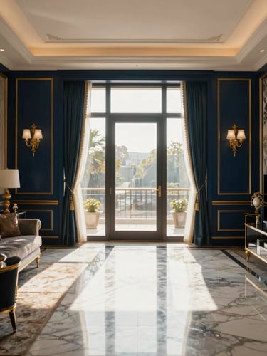 Symmetrical architectural shot of a sun-drenched luxury living room with polished marble floors, soft morning window light casting elegant shadows, rich navy and gold accents, 35mm lens