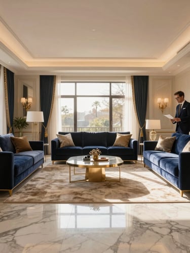 Wide architectural shot of a sun-drenched luxury living room with polished marble floors, a specialist in tailored attire working in the background under soft morning light.