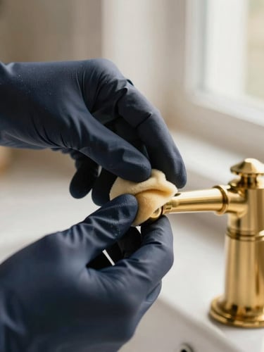Macro photograph of a gloved hand gently polishing a solid brass kitchen fixture, soft morning light, shallow depth of field, warm gold accents.