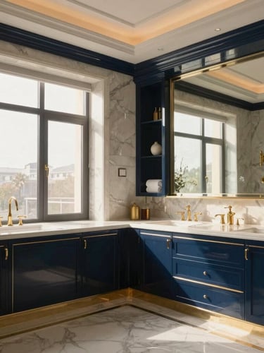 Wide architectural shot of a luxury master bathroom with custom cabinetry and flawless glass surfaces, soft natural morning light, 35mm lens