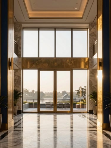 Symmetrical architectural shot of a modern luxury office lobby with polished marble floors, warm brass accents, and large windows with soft morning light, 35mm lens